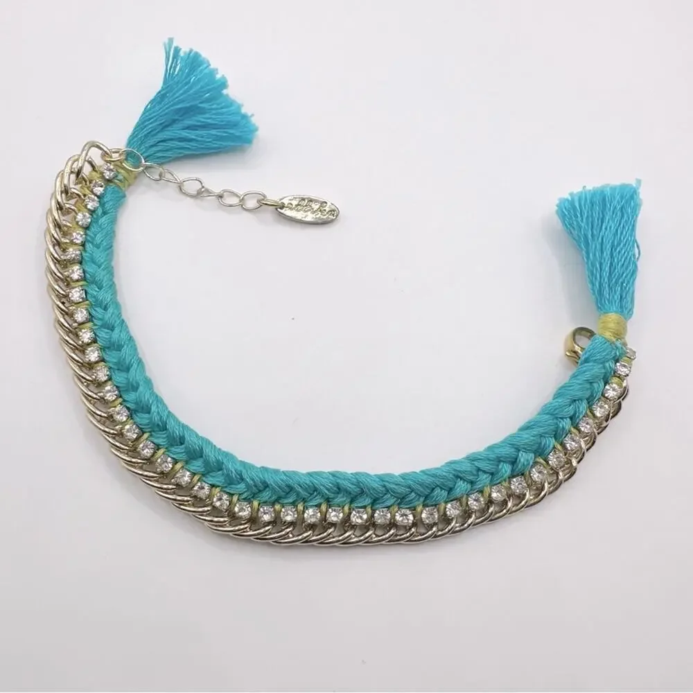 ETTIKA Gold Tone Chain Turquoise Blue Braided Bracelet Tassel Boho Bohemian